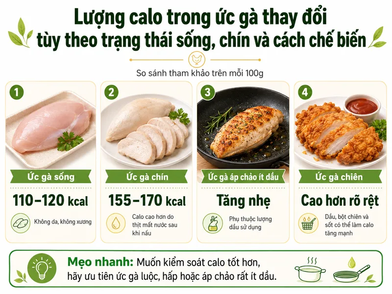 Lượng calo trong ức gà thay đổi tùy theo trạng thái sống, chín và cách chế biến.