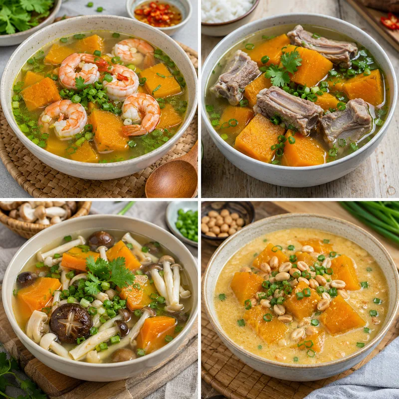 Canh bí đỏ có thể biến tấu với tôm, xương, nấm, đậu phộng hoặc sườn để đổi vị mỗi ngày.